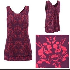 CAbi Cameo Blouse -Purple & pink baroque pattern.